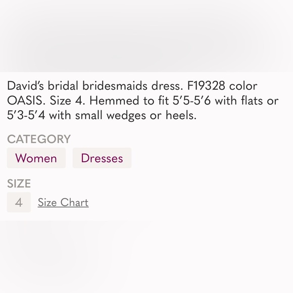 David’s Bridal OASIS bridesmaids dress. Size 4. Has been hemmed. - Picture 5 of 5